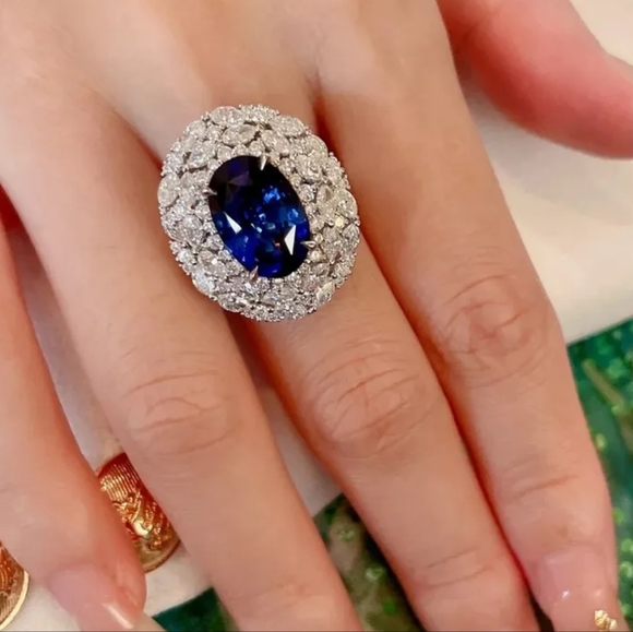 925 Silver Lab Created Blue Sapphire Oval Shaped Adjustable Ring - Picture 3 of 4